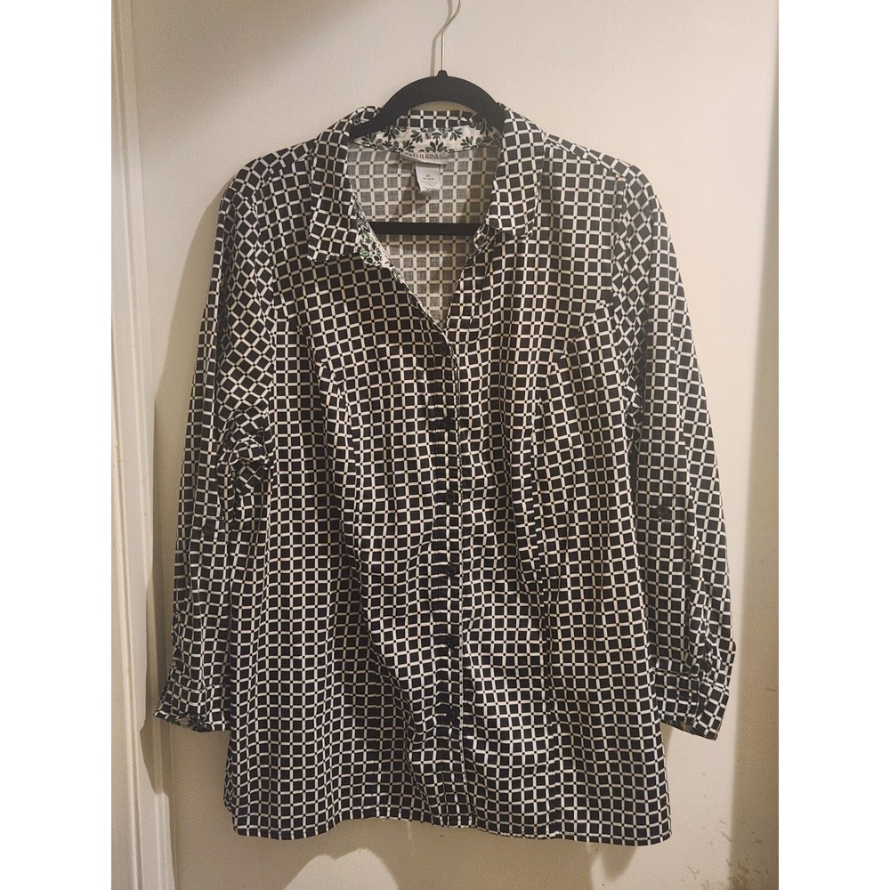 Catherines Black White Grid‎ Print Button Down Shirt Green Floral Trim 0X 14/16W